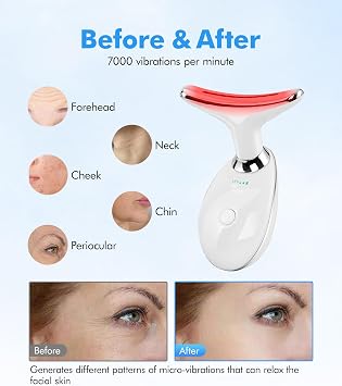 SDKWDH Red Light Therapy for Face and Neck, 7 Color Face Massager Tool for Wrinkles, Double Chin, Vibrating Facial Massager with Thermals for Skin Care, Gifts for Women Men, Glossy White