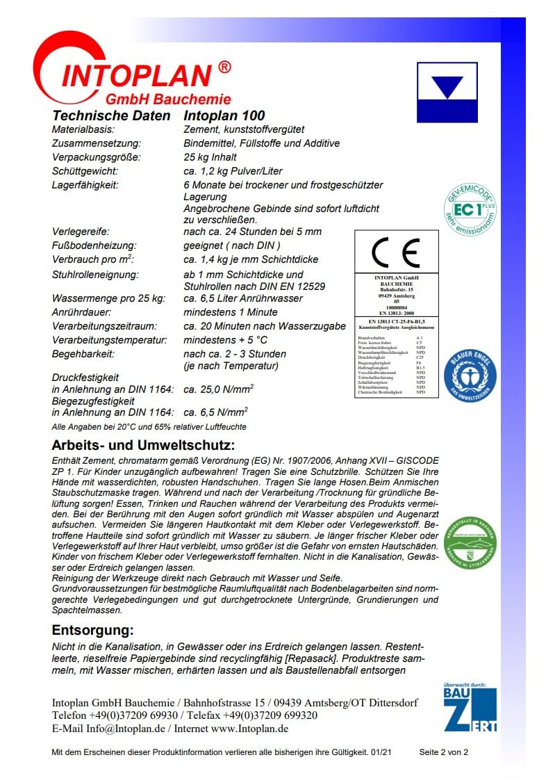Intoplan 100 zementäre selbstverlaufende Ausgleichsmasse, 25 kg