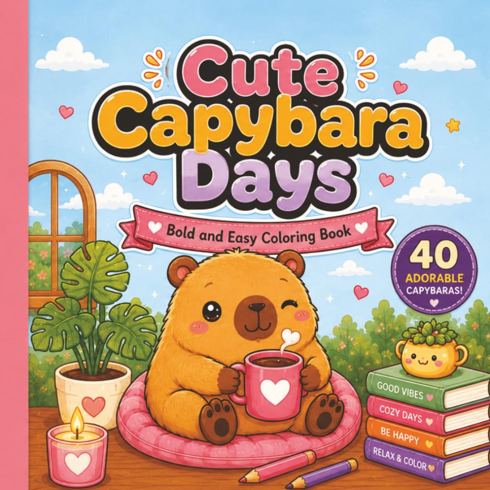 Cute Capybara Days: Bold and Easy Coloring Book Featuring 40 Adorable Capybaras in Cozy Everyday Activities for Adults, Kids & Teens