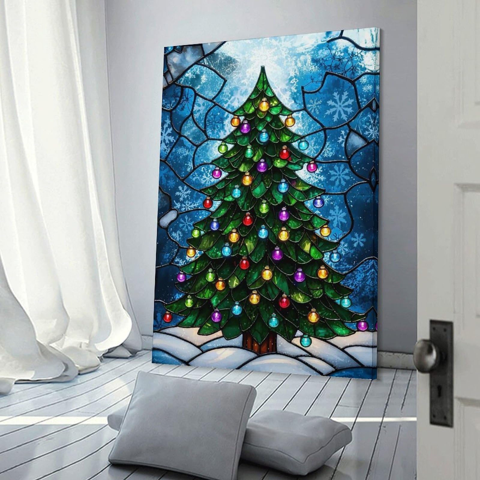 Junmoney Stained Glass Christmas Tree Canvas Wall Decor, 20x30inch(50x75cm), for Apartment Walls, Studios Or Work Areas, Decorative Canvas Decor for Home Updates