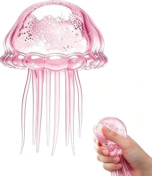 Glitter Jellyfish Squishy Toy, Stress Relief Squishy Fidget Toy for Kid&Adult, Soft TPR Jellyfish Sensory Toy with Wiggly Tentacle, Portable Anxiety Relief Squeeze Ball for Office School Travel Pink