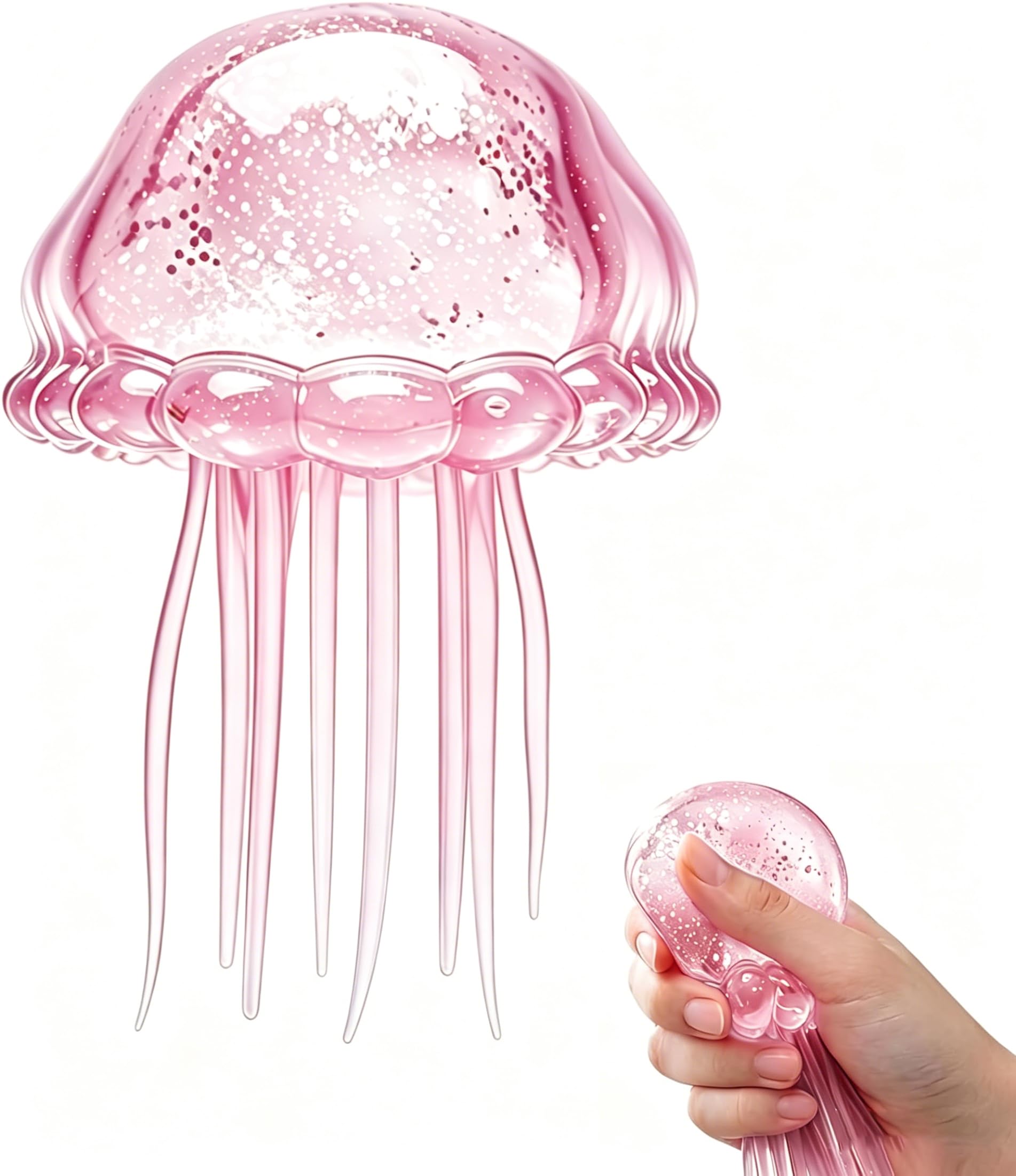 Glitter Jellyfish Squishy Toy, Stress Relief Squishy Fidget Toy for Kid&Adult, Soft Jellyfish Sensory Toy with Wiggly Tentacle, Portable Relief Squeeze Ball for Office School (Pink Jellyfish)