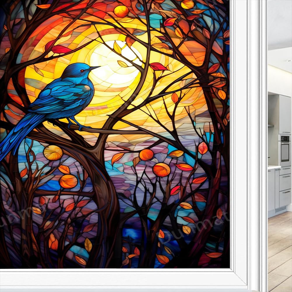 Blue Bird Stained Glass Window Film Farmhouse Leaf Nature Animal Privacy Window Film Glass Door Covering Non-Adhesive Window Stickers for Bathroom Kitchen 23.6Wx35.4L inch