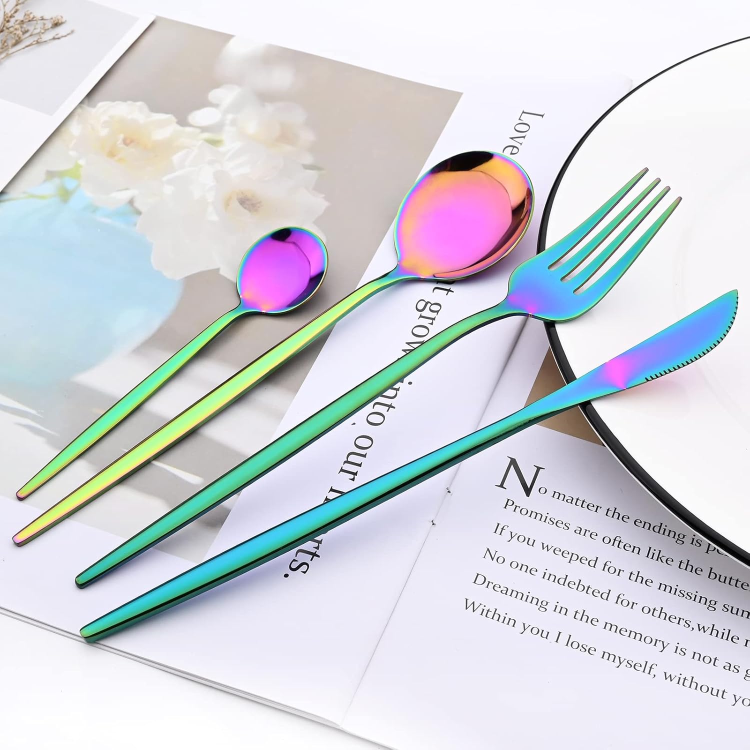 24 Pcs Multicolor Flatware, Resuable Durable Stainless Steel Knife Cutlery Set, Rainbow Kitchen Eating Utensils Spoon Fork Teaspoon Set Service For 6, Mirror Polish, Dishwasher Safe