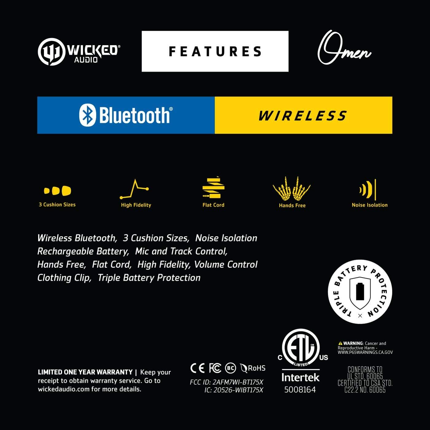Wicked Audio Omen Earbuds Features and Warranty Graphic