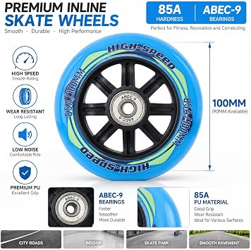 8 Pack Inline Skate Wheels 90mm 100mm 85A Inline Replacement Skate Wheels with ABEC-9 Bearings Smooth Quiet Wear Resistant for Speed Skating, Recreational Indoor Outdoor (Black,90mm)