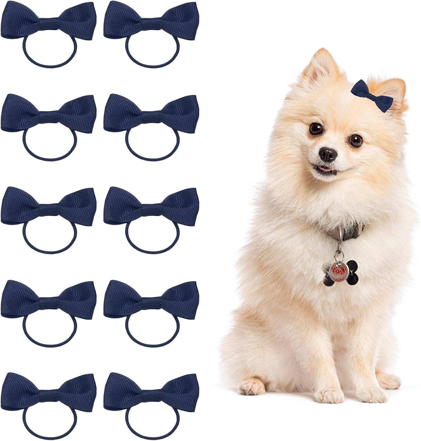 Cute Dog Hair Bows, 2" Pet Small Bowknot with Rubber Band Hair Barrettes Bows Pet Handmade Grooming Costume Accessories, (Navy, 10 Pcs), Intended for Puppies Cats Party