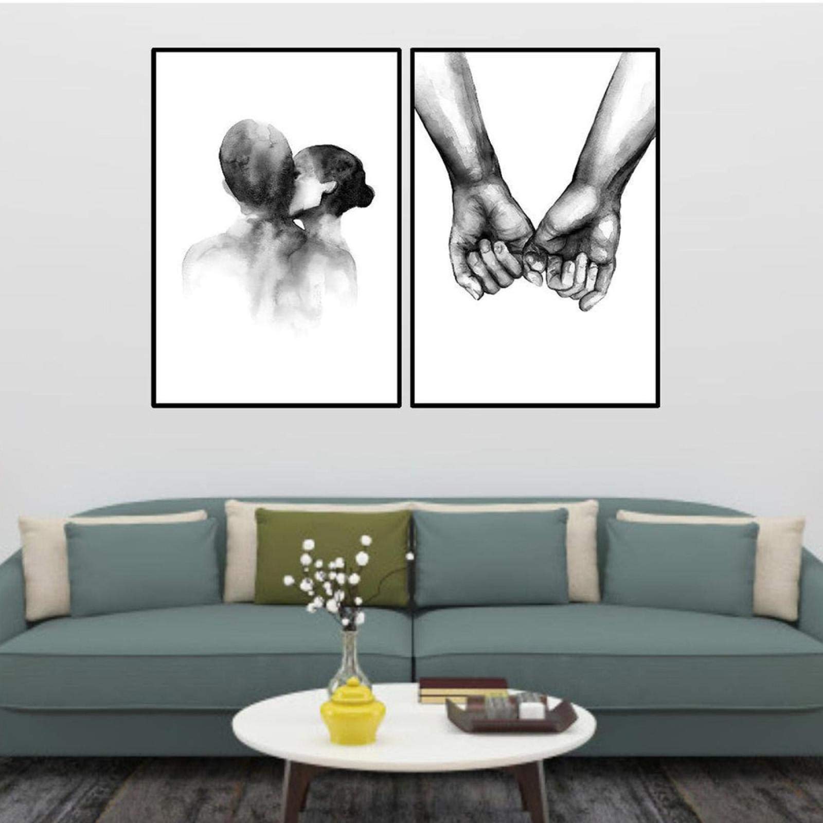 Toile affiche couple baiser noir et blanc 30x40cm lot de 2