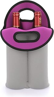 JuxYes Wine Carrier Tote Bag, Two Bottle Insulated Neoprene Wine Bottle Holder, Extra Thick Beer Can/Beverage Carrying Bag, Wine Bottle Protector Insulated Bag for Home Travel, Grey+Purple