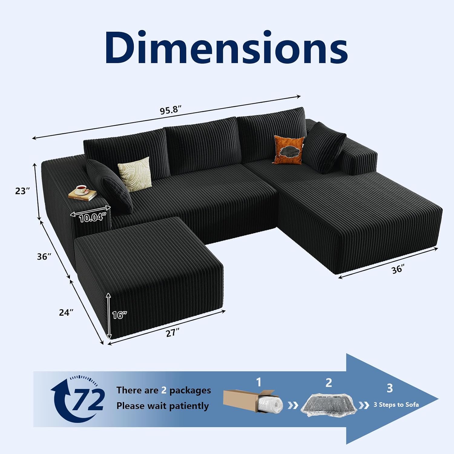 96" Modular Corduroy Sectional Sofa Deep Seat U-Shaped Right-Facing Chaise Black No Assembly