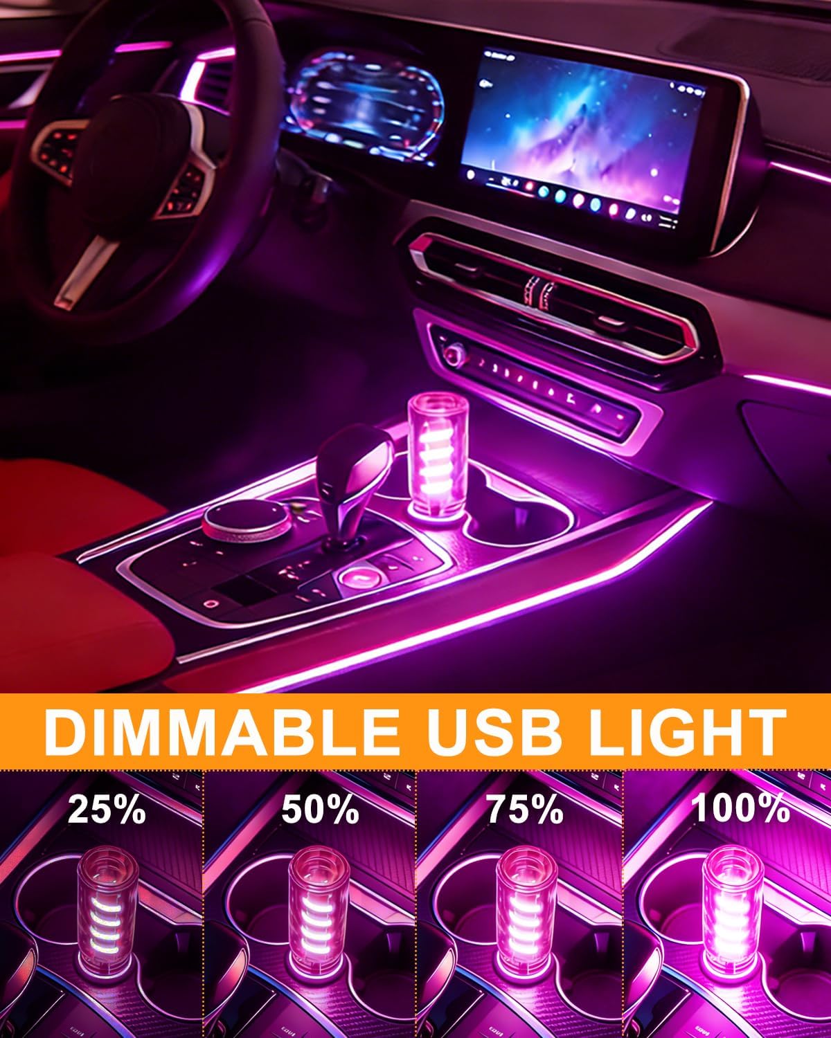 Touch Dimmable USB Car Ambient Light, Retro Spiral LED Interior Light, Mini Plug & Play Night Light for Car, Camping, Christmas Decor, Purple 2 Pack