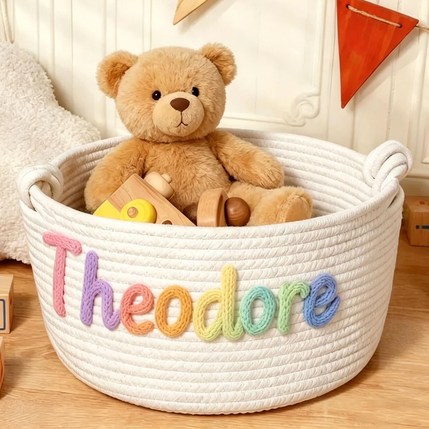 Personalized Handmade Cotton Basket, Nursery Organizer For Diapers & Wipes