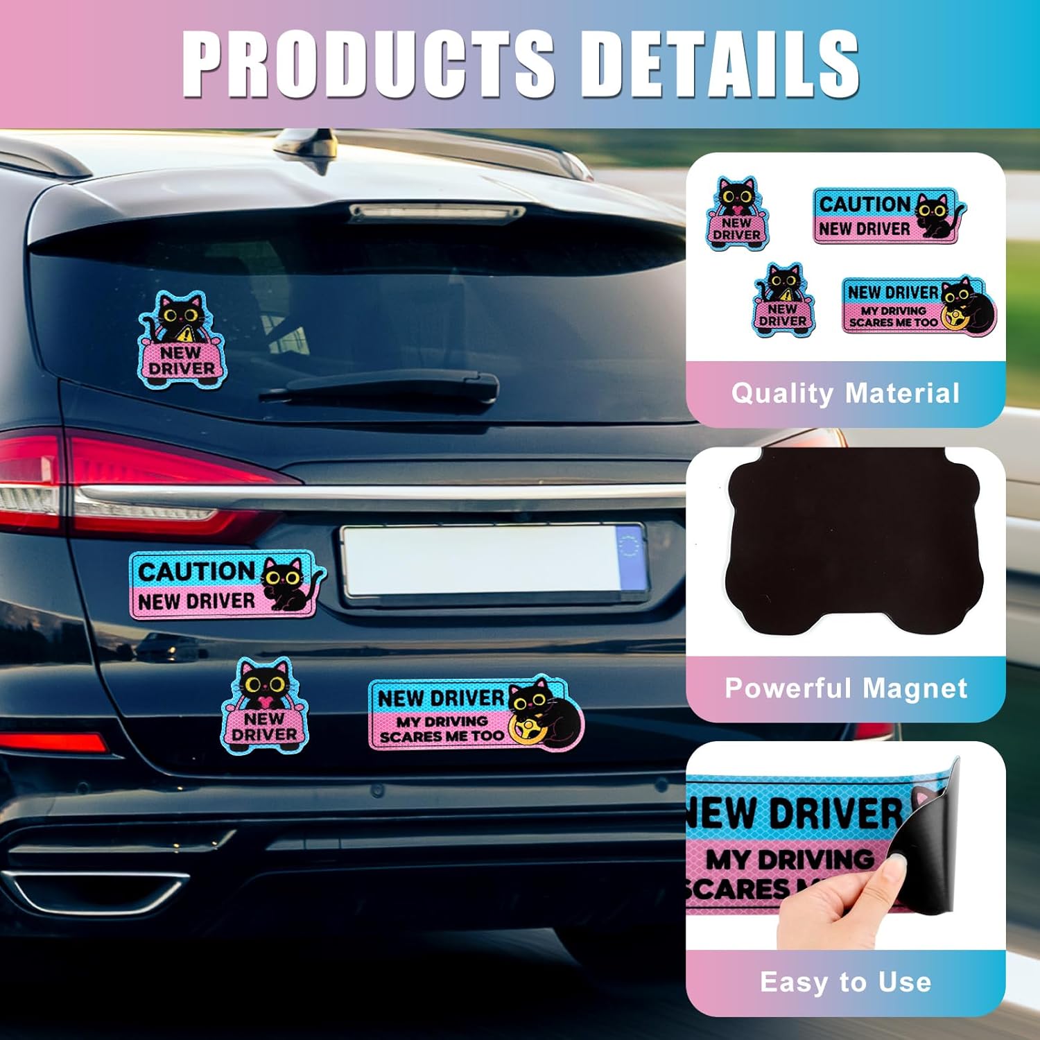 4PCS Black Cat New Driver Car Magnet, New Driver Magnet for Car, Cute Shivering Cat Reflective Reusable Student Driver Safety Sign for Car Bumper - Image 4