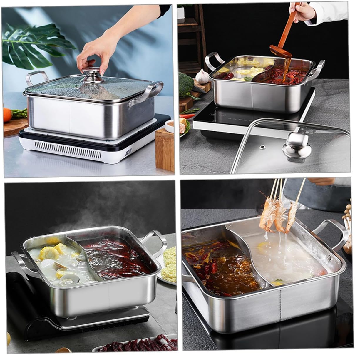 Divided Hot Pot Cooker Stainless Steel with Glass Lid, Silver