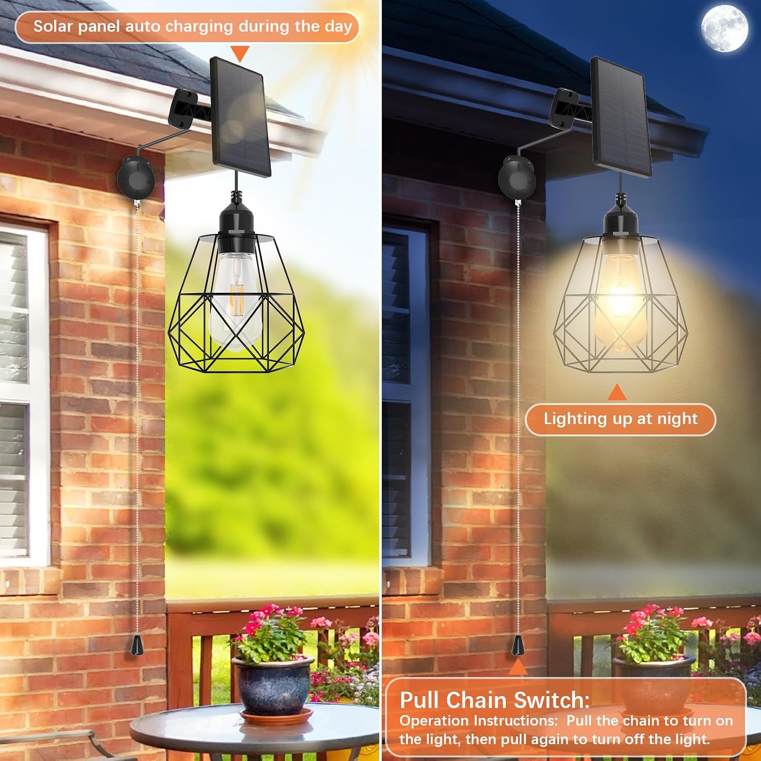 flowlamp Solar Pendant Light for Outdoor Indoor, Solar Powered Chandelier Waterproof Hanging Retro Shed Lights with Pull Cord Switch E27 Base LED Edison Bulb for Gazebo Garage Barn Patio Garden