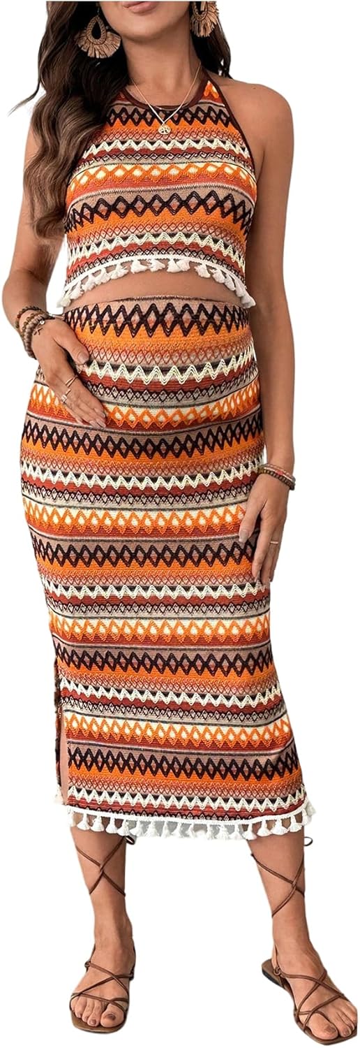 OYOANGLE Women's 2 Piece Maternity Outfits Chevron Tassel Halter Top with Slit Skirt Pregnancy Clothes