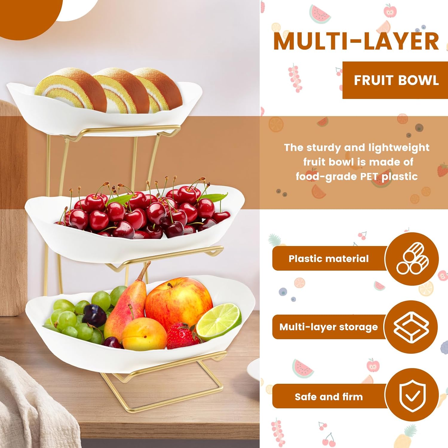 Fruit Bowl Basket for Kitchen Countertop, 3 Tier Fruit Holder with Gold Metal Stand, Large Capacity Fruit Holder, Tiered Fruit Basket for Fruit Vegetable Storage, Cake, Dessert, Nuts, Snack, Salad