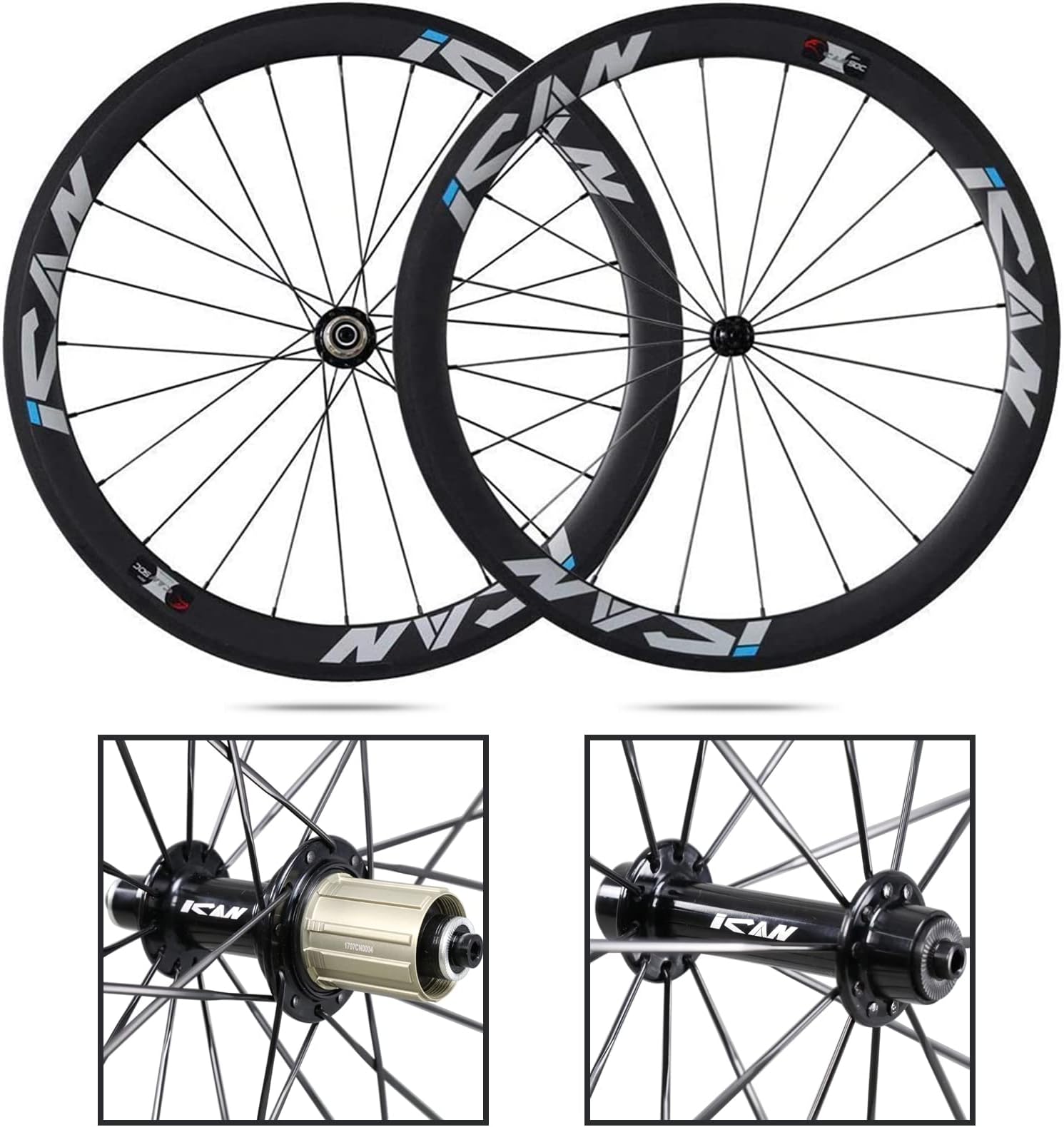 ICANIAN 700C Carbon Wheelset, 38 mm/50 mm Road Bike Carbon Wheelset Clincher CN spokes/Sapim CX-Ray Spokes Rim Brake Shimano 10/11 speed