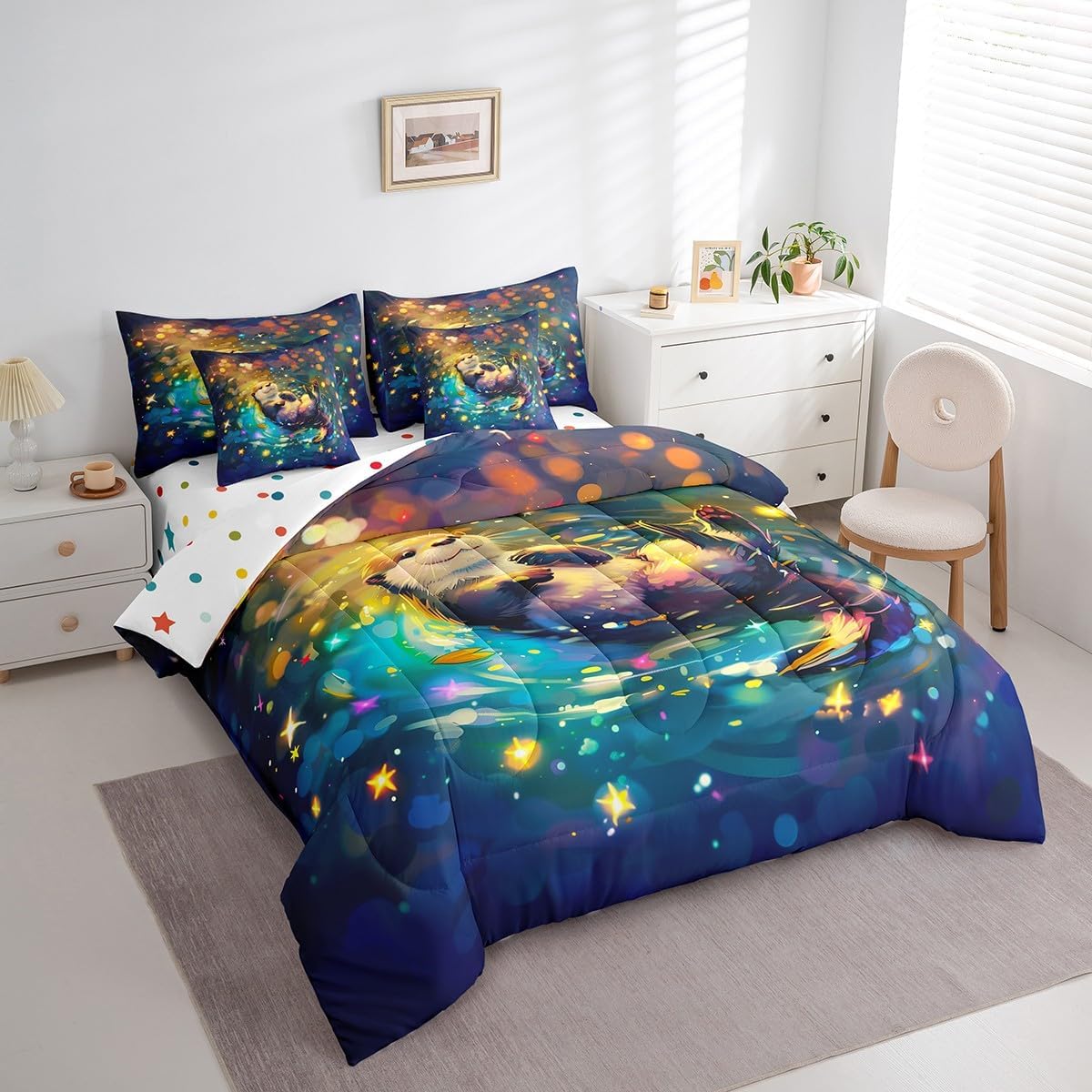 7 Pieces Cute Otter Kids Comforter Twin,Stars Galaxy Pond Animals Rustic Farmhouse Bedding Set,Cartoon Sea Otter Romantic Blue（Comforter+Fitted+Flat Sheet+2 Pillowcases+2 Throw Pillow Covers）
