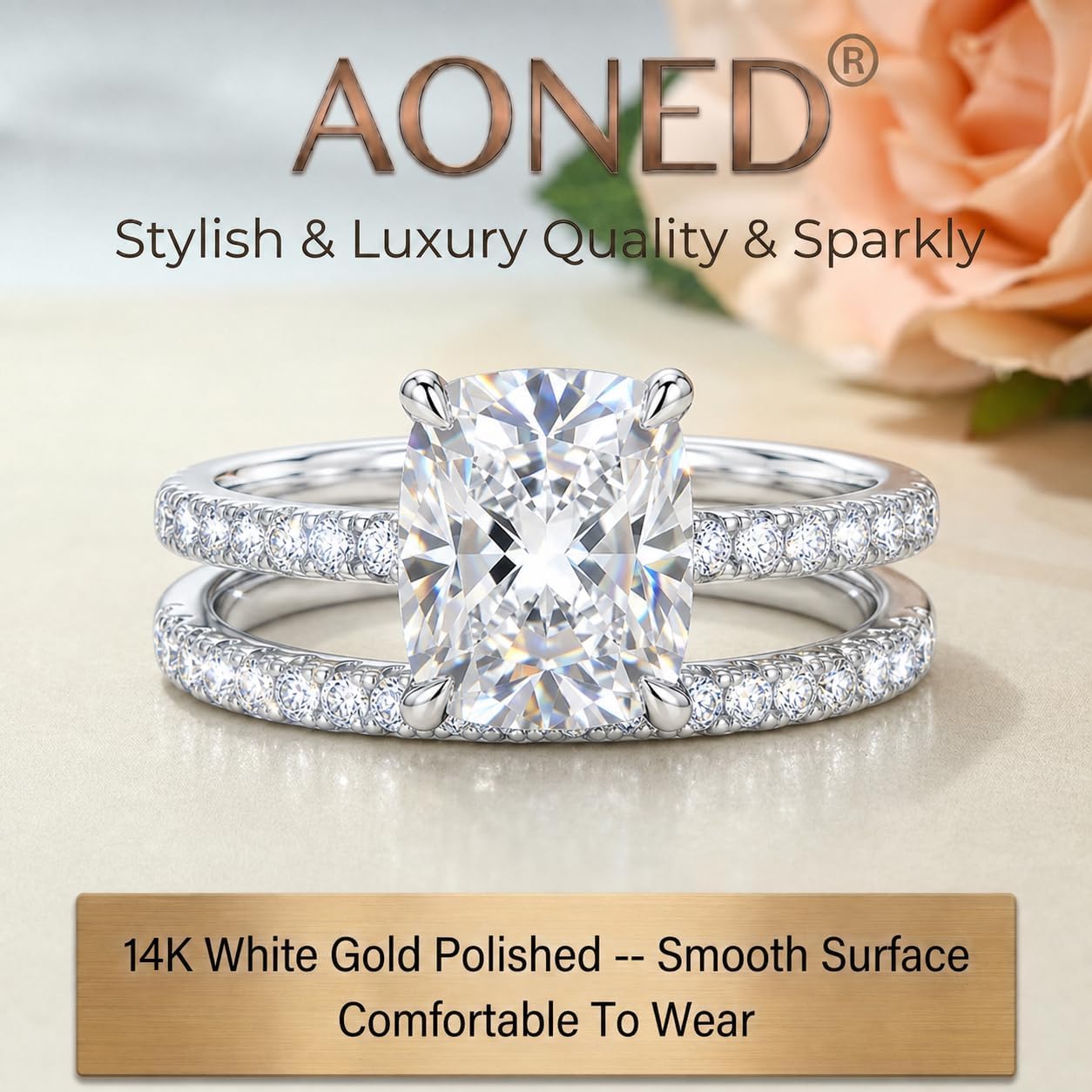 2CT Elongated Cushion Cut Travel Engagement Rings for Women, Waterproof 14K Gold Plated Sparkle CZ Wedding Band Promise Rings for Her, Anniversary Bridal Ring Set Valentine's Gifts, Size 4-11