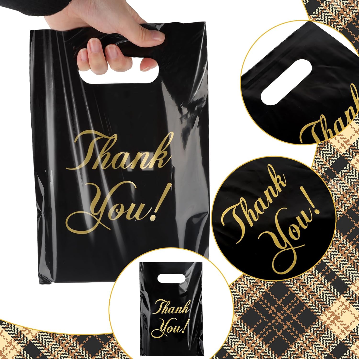 Fowecelt 100 Pack Black Thank You Bags with Handles Plastic Reusable Goodie Bags Candy Snack Treat Gift Wrap for Kids Girls Boys Baby Birthday Party Favor Supplies - Image 3