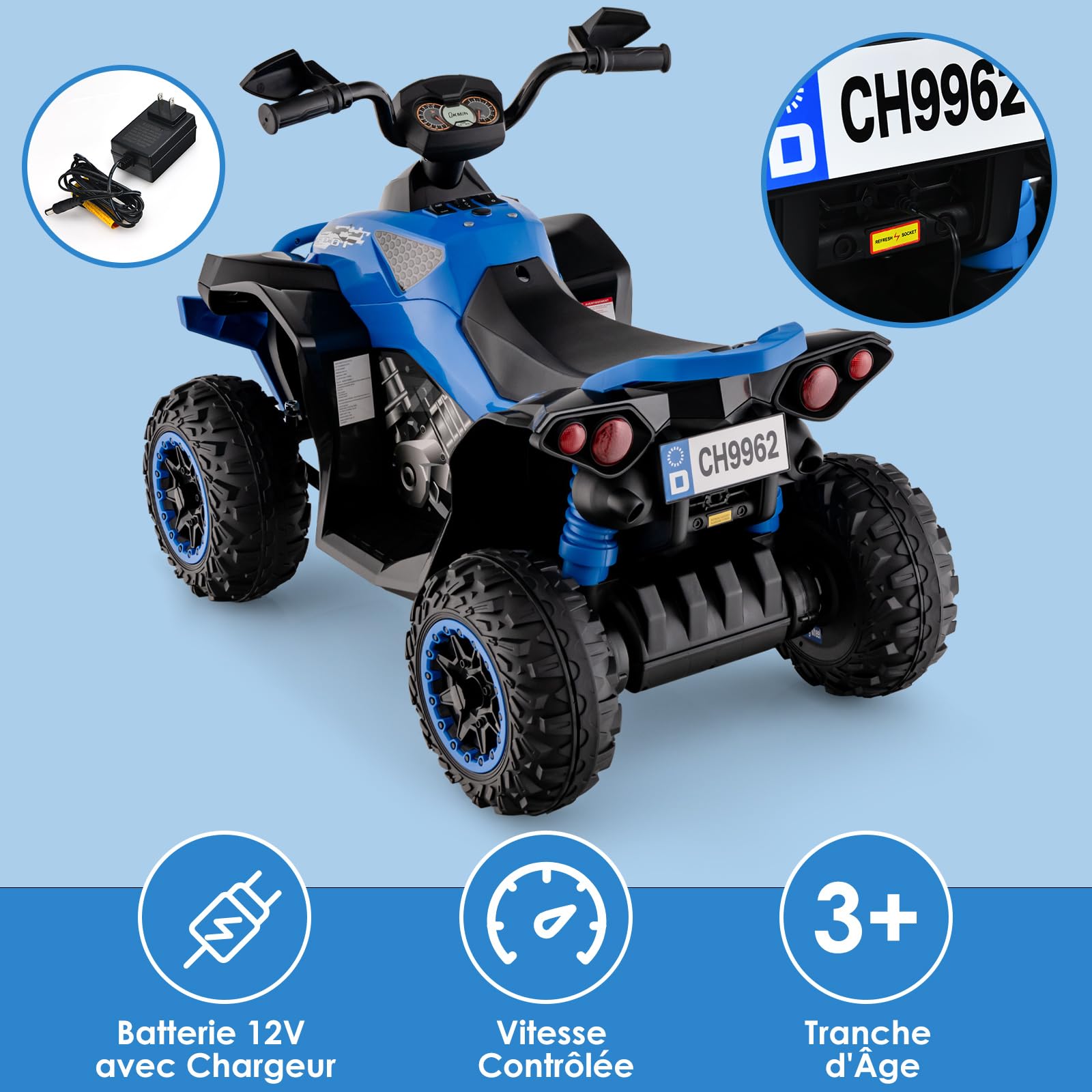COSTWAY 12V Quad Électrique Enfant avec Musique et Lumières LED, Voiture Électrique Enfants avec Klaxon et Pédale, Démarrage Lent, 2 Vitesses 2,2-4,3 km/h, Charge 35kg pour 3-8 Ans (Bleu)