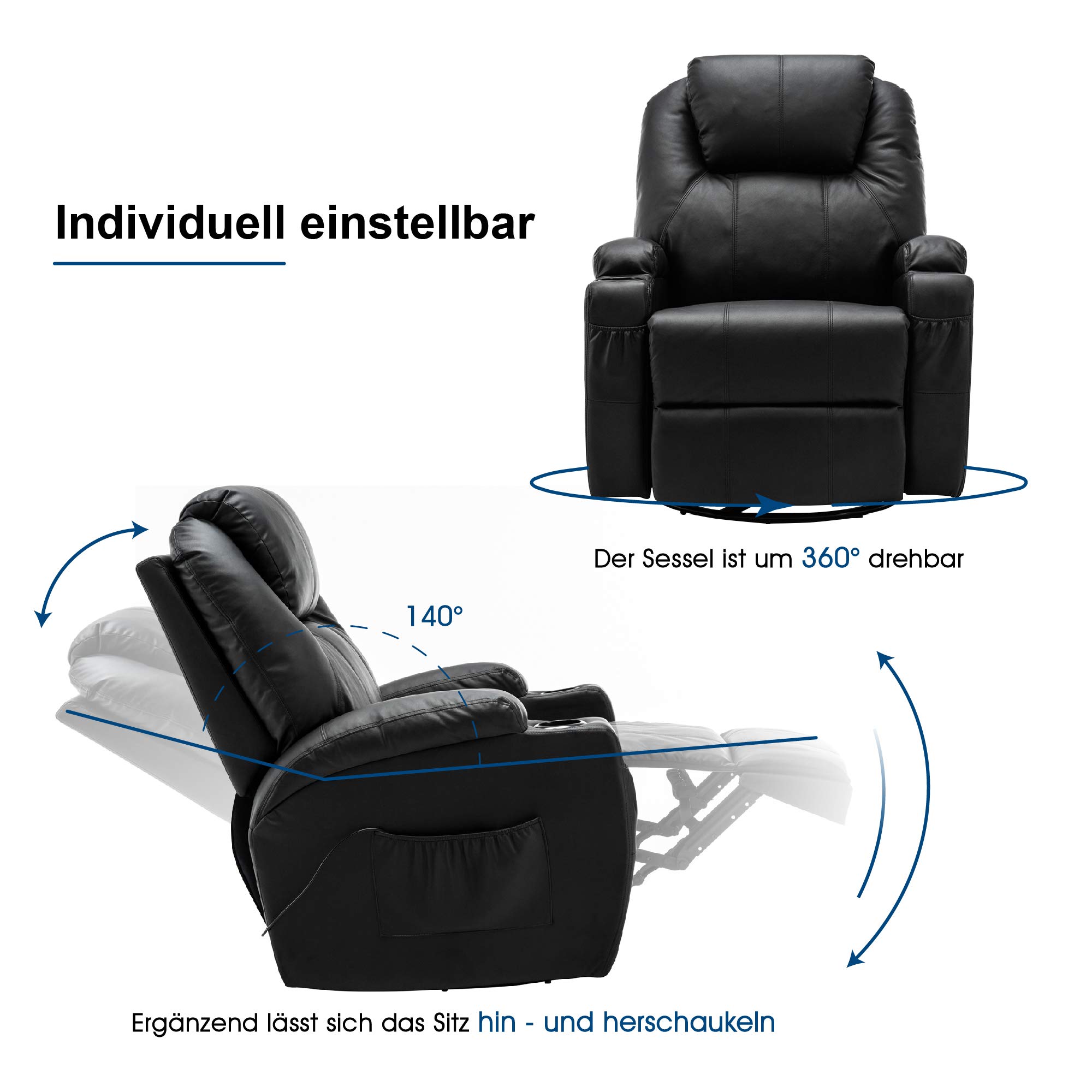 M MCombo Fauteuil de Massage TV Fauteuil Relax 7020, avec Chauffage Rotatif basculant 360°, réglable manuellement (Similicuir Noir)