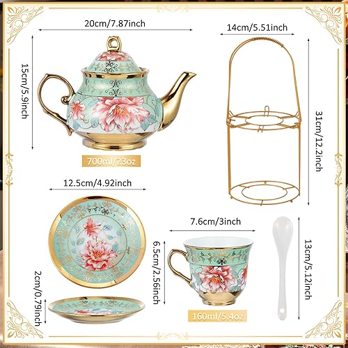 Miniatura 2 de Zhehao Juego de té de porcelana de 20 piezas con soporte de metal y cuchara para adultos, juego de té de cerámica para adultos, pintura de flores