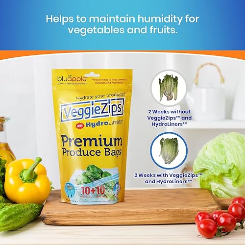 Miniatura 5 de Bluapple VeggieZips Sistema de almacenamiento de productos de alta calidad, juego de 40 piezas, 20 bolsas ahorradoras de alimentos + 20 HydroLiners,