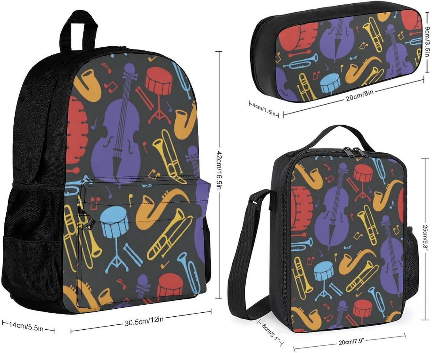 Trumpet Musical Instrument Pattern 3 Piece Backpack Sets With Lunch Bag Pencil Case Combination Hiking Travel Work