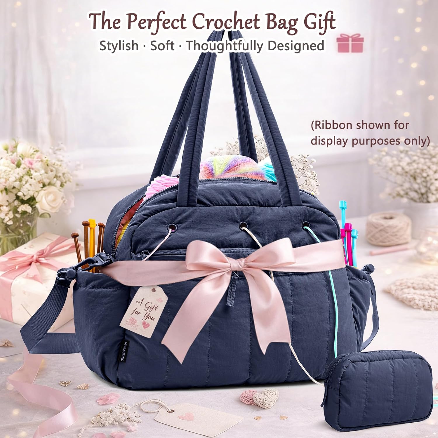 MYBAGZING Stylish Crochet Bag Organizer with Crochet Hook Case, Large Capacity Yarn Bag for Crocheting on the Go, Soft Quilted Crochet Tote with 7 Compartments, Knitting Project Carry-On Travel Gift