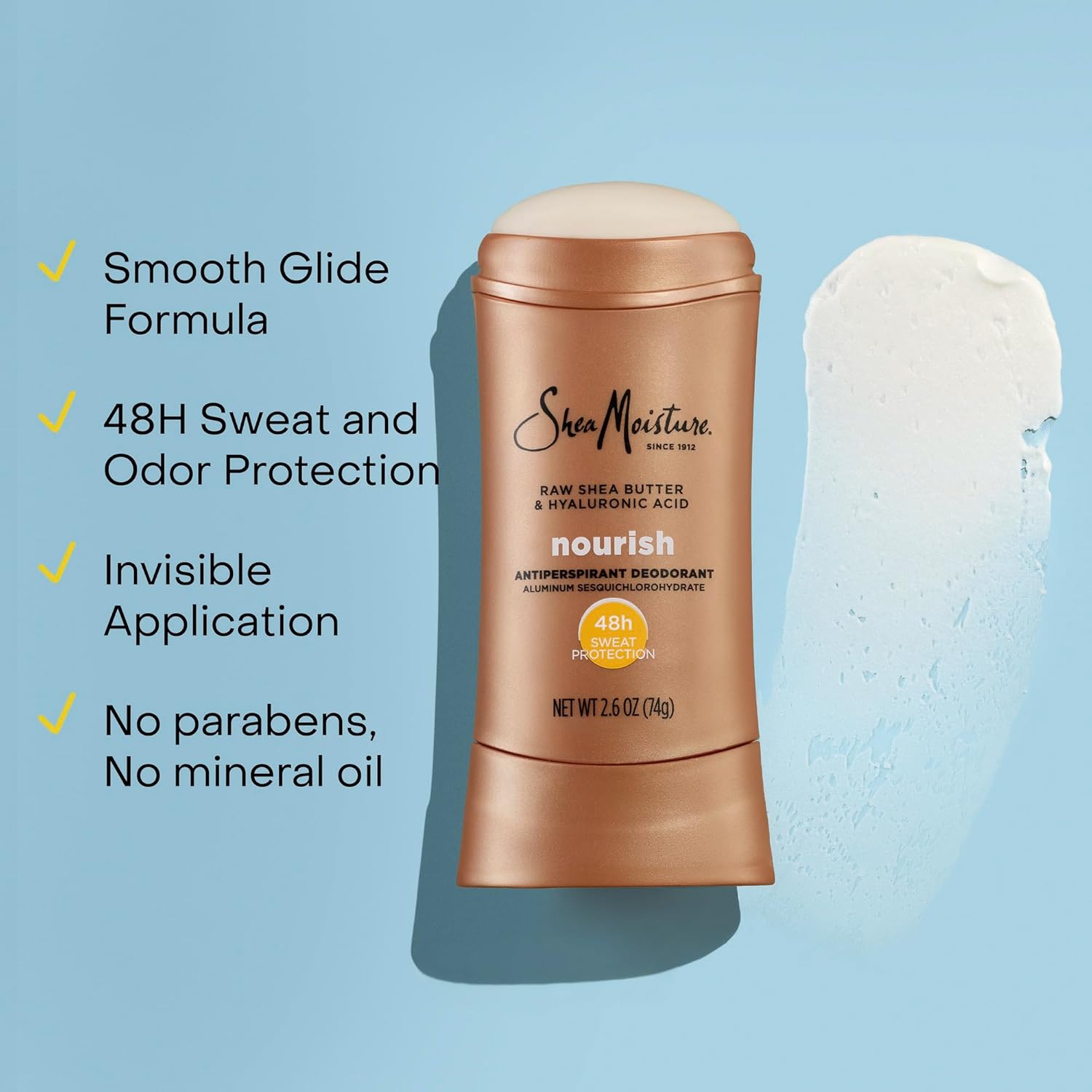 SheaMoisture Antiperspirant Deodorant Stick Moisturizing Raw Shea Butter & Hyaluronic Acid for 48HR Sweat & Odor Protection with No Parabens-& No Mineral Oil 2.6 oz,(Pack of 4)