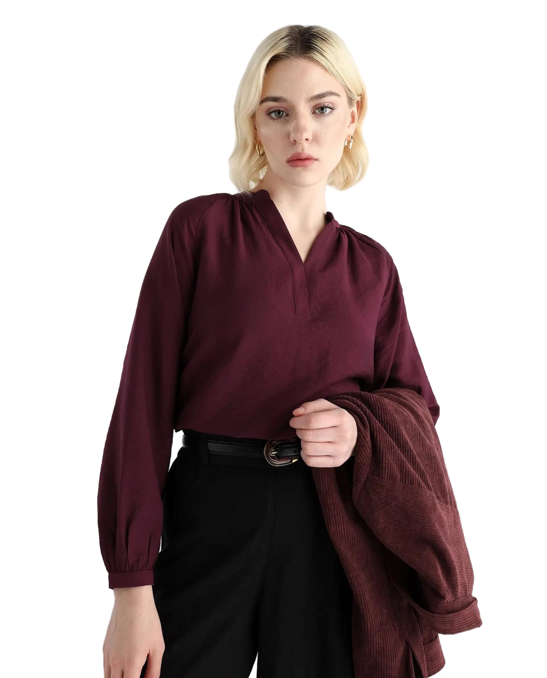 rareism Women Regular Fit Solid Maroon Polyester V-Neck Long Sleeve Top-picture-27