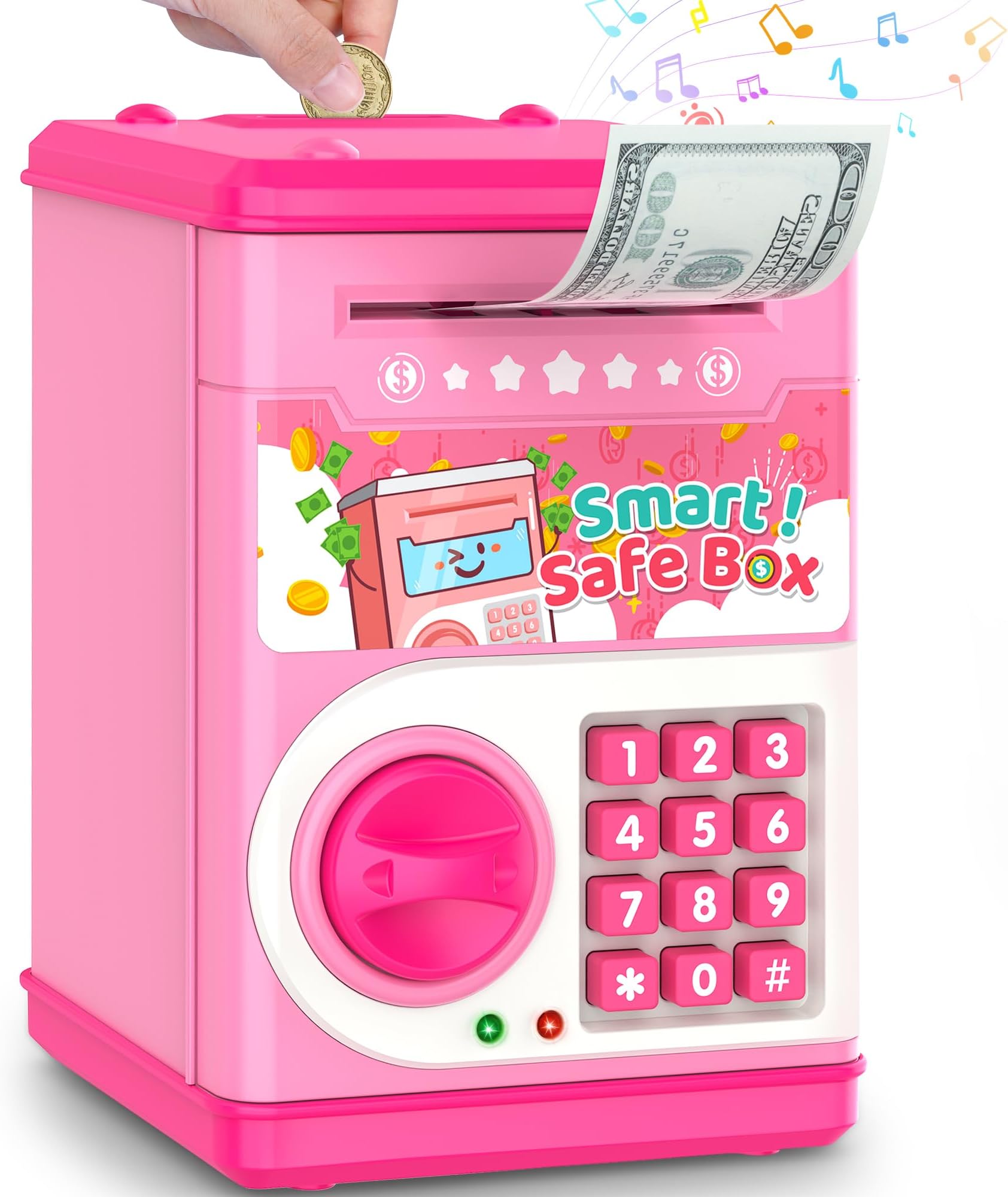 Pink Piggy Bank for Kids with Password Code Lock and Auto Grab Bill Slot, PhilaeEC Real Money Cash Coin Can Saving Box Electronic Money Safe Bank, Hot Gift for 4 7 8 9 10 11 Year Old Boys Girls