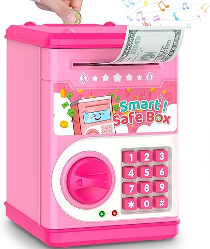 PhilaeEC - Alcancía rosa para niños con bloqueo de código de contraseña y ranura para billetes de agarre automático, caja de ahorro de dinero real,