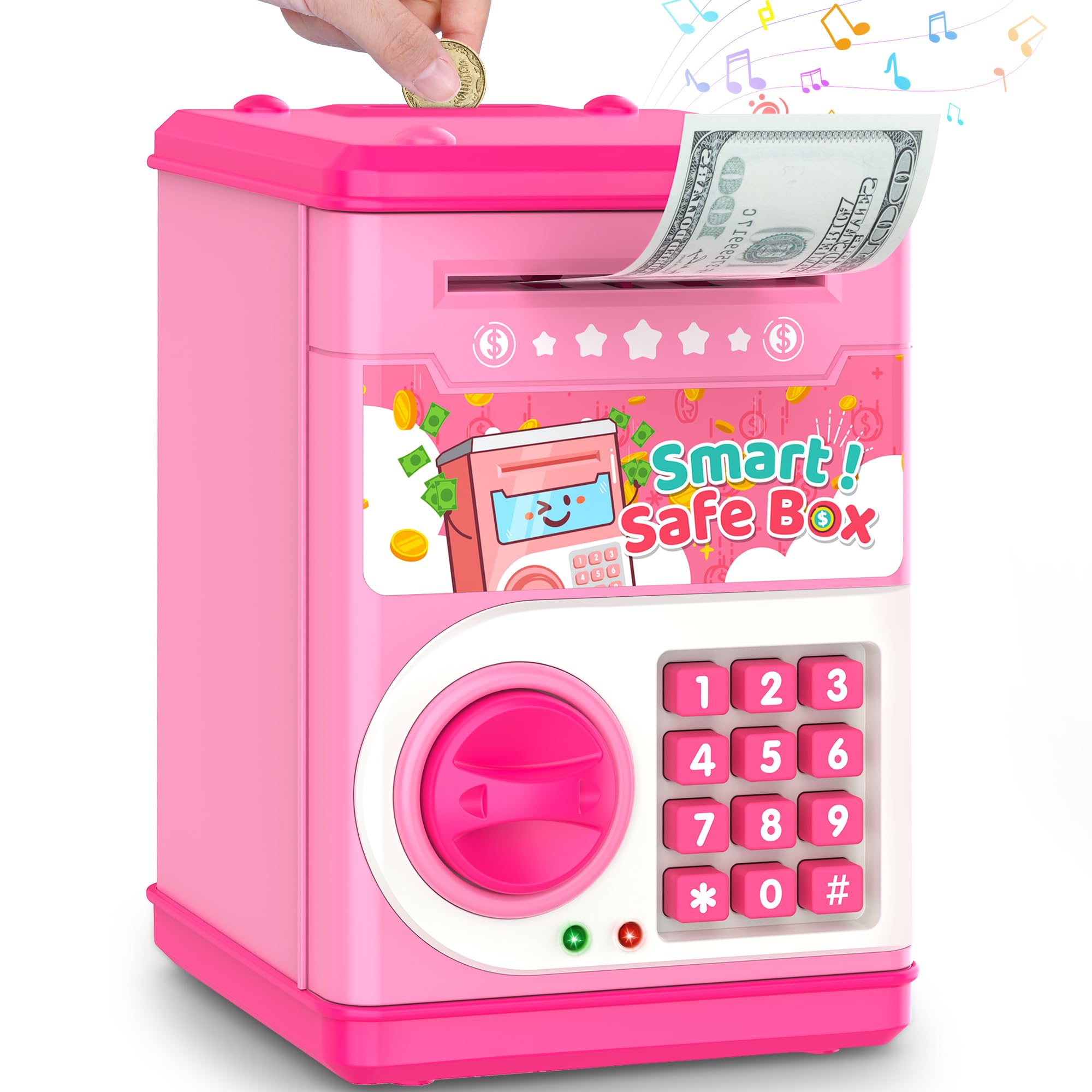 Pink Piggy Bank for Kids with Password Code Lock and Auto Grab Bill Slot, PhilaeEC Real Money Cash Coin Can Saving Box Electronic Money Safe Bank, Hot Gift for 4 7 8 9 10 11 Year Old Boys Girls