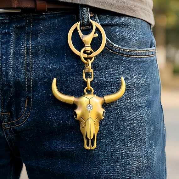 2Pcs Cowboy Longhorn Bull Skull Keychain Vintage Key Ring 3D Sparkling Purse Charm Car Bag Pendant