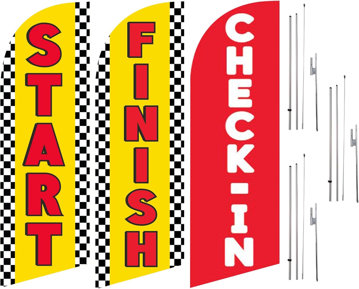 Start Finish and Check-In 6ft Advertising Feather Flags package of 3 Banners for Marathons and Special Events windless Swooper Banner Flags with Complete 8ft Pole Kits and Ground Spikes
