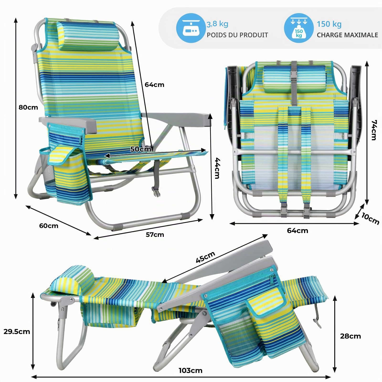 LIFERUN Chaise Pliante de Plage en Alliage d'Aluminium, Légère, Lot de 2, Chaise Pliante Portable comme Un Sac à Dos, Chaise de Camping, Inclinable, Charge Maximale 150 kg, Chaise Pliante d'Extérieur