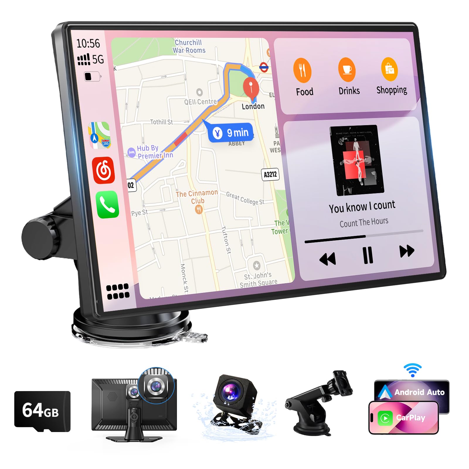 Wireless Carplay Screen for Car, 9" Android Auto Screen with 4K Dashcam, A-pple Carplay Screen for Car with 1080p Backup Camera, Mirror Link, TF Card, GPS Navigation, Bluetooth, AUX, FM, Voice Control