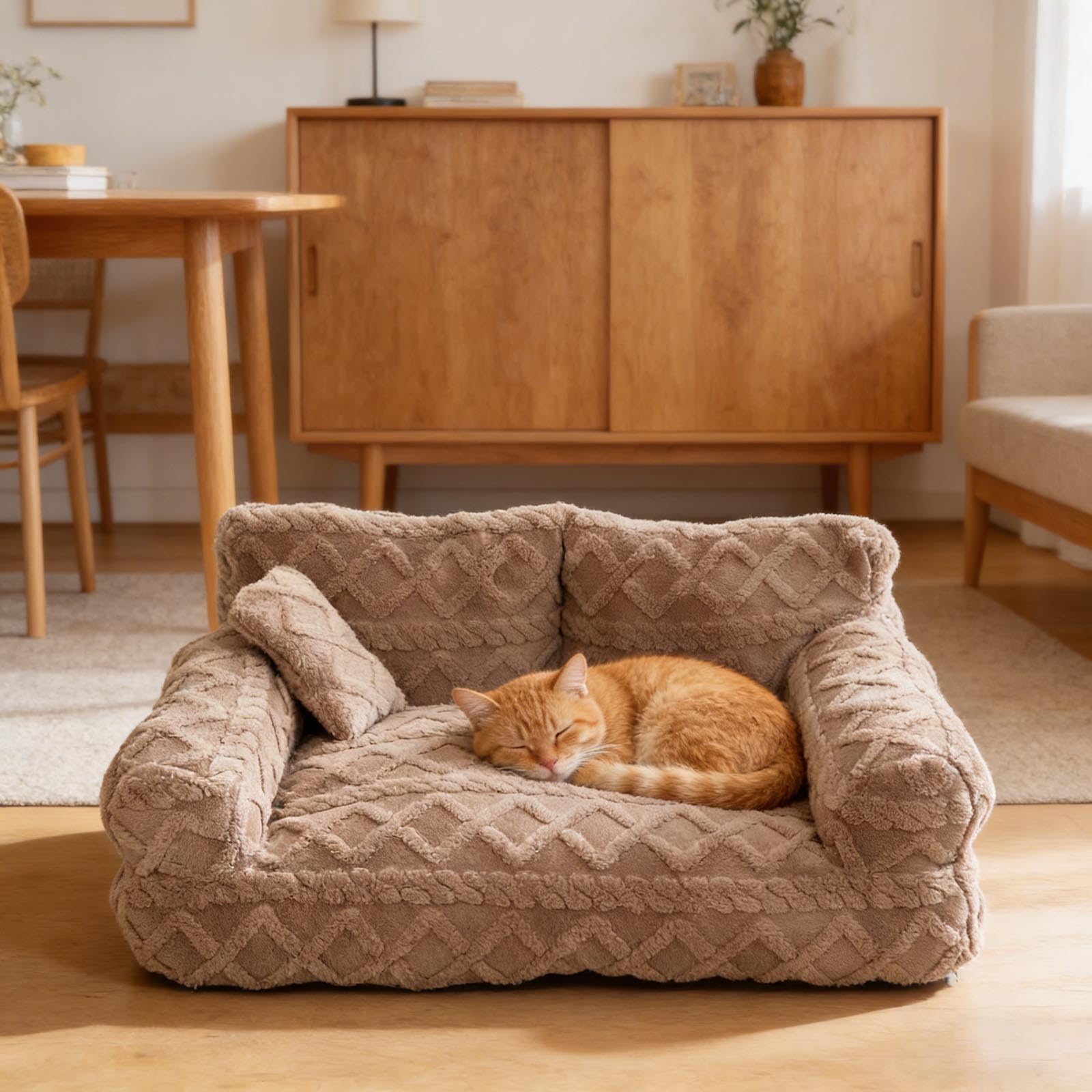 Plush Calming Pet Sofa Bed with Raised Rim, Pet Sofa Bed with Removable Cover, Dog Sofa Bed, Cat Sofa Bed, Pet Bed for Dog,Cat (Khaki, M)