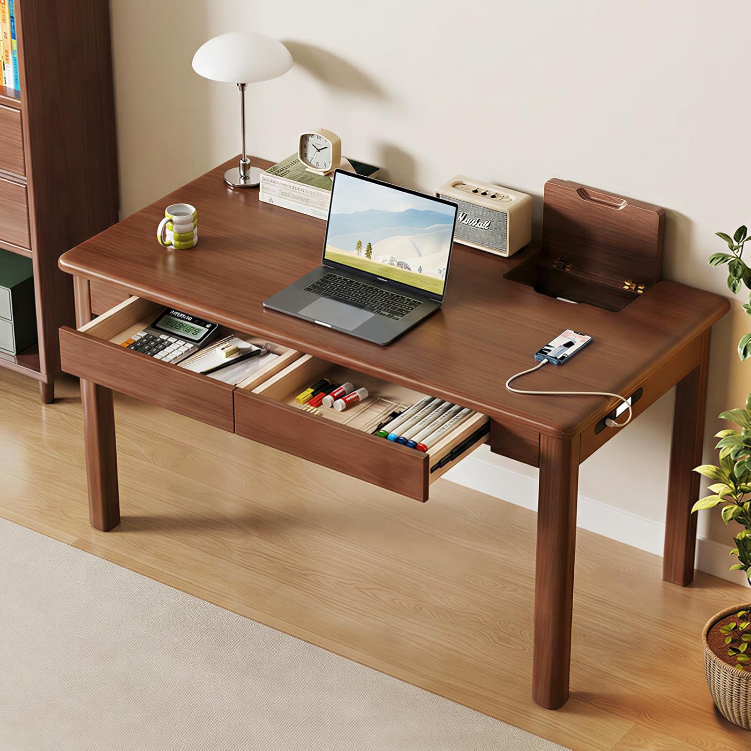 Solid Rubberwood Desk with 2 Drawers, USB Ports, Concealed Cable Management, Modern Writing Table for Home Office Bedroom (Walnut, 47'')
