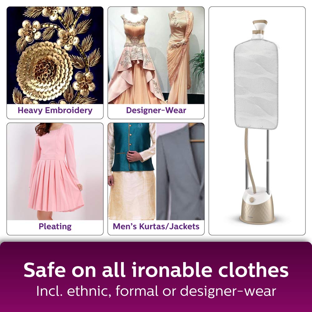 Collage showing various garment types suitable for steaming: heavy embroidery, designer-wear, pleating, and men's kurtas/jackets.