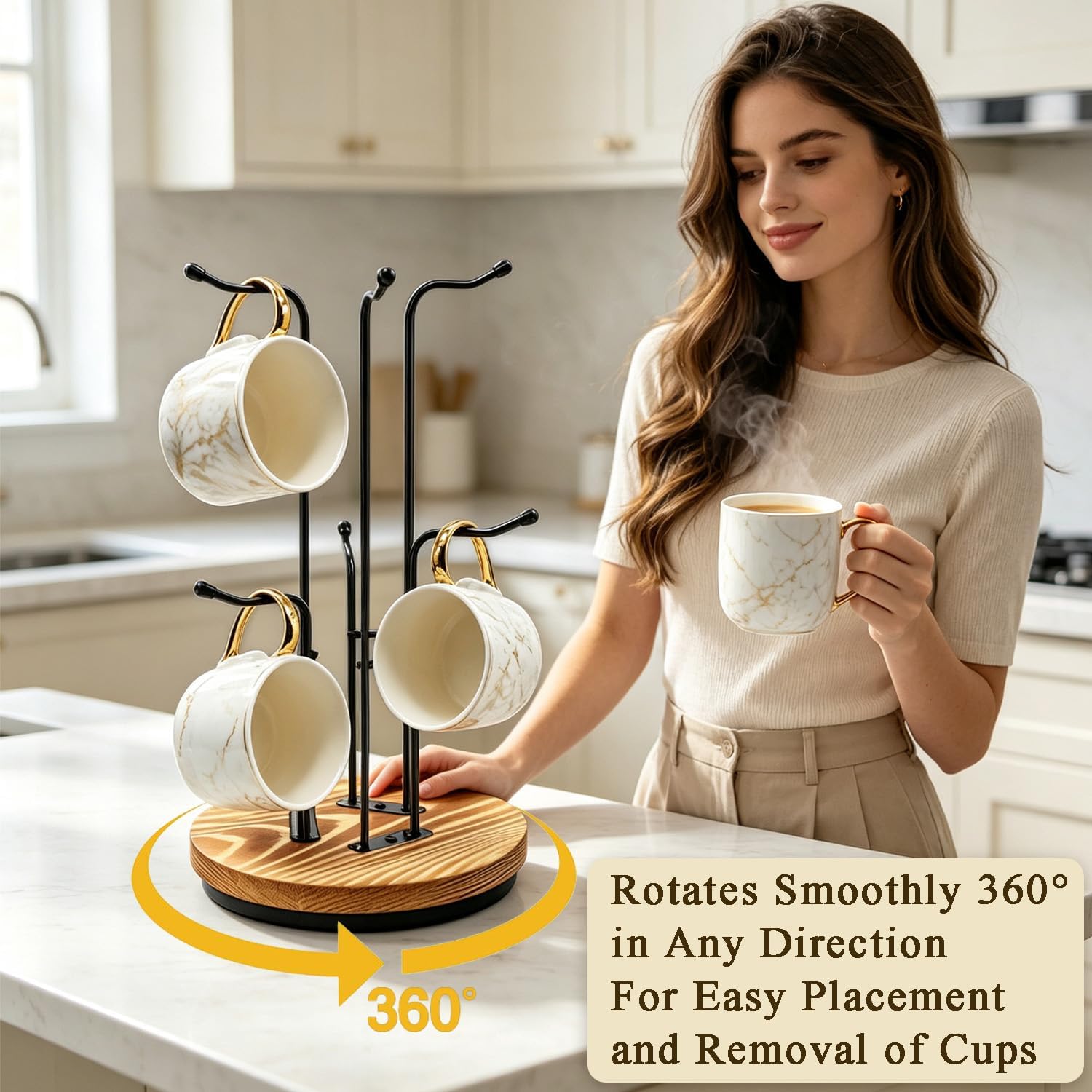 360° Rotating Coffee Mug Holder for Countertop, Space-Saving Mug Tree Stand with 6 Hooks, Stable Wooden Base & Metal Rack for Large Cups, Kitchen Coffee Bar Organizer & Decor