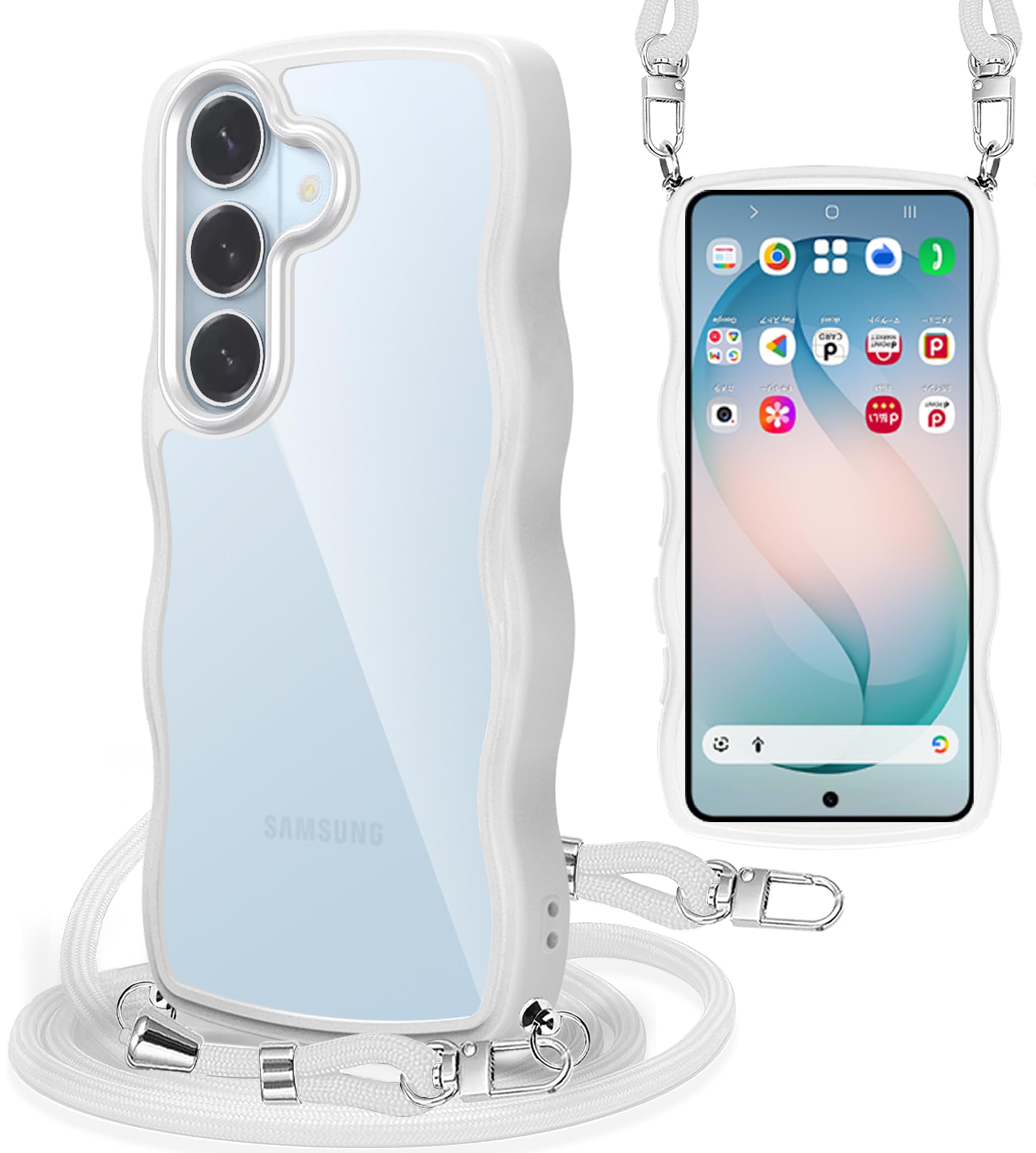 Yuanlai For Samsung Galaxy S26 ケース クリア ショルダー 肩掛け 斜めかけ SC-51G スマホケース 波型 かわいい ギャラクシーS26 5G カバー 耐衝撃 紐付き 織りストラップ付き ネックストラップ 長さ調整可能 取り外し可能 (ホワイト)