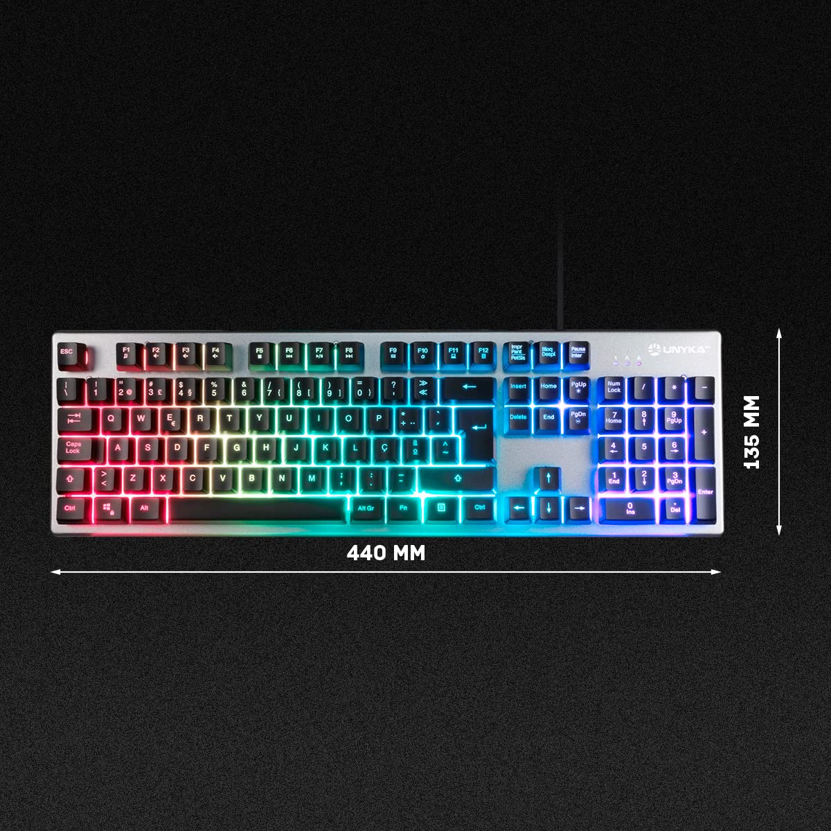 Unykach Teclado PORTUGUÉS Gaming Nova K244, 105 Teclas QWERTY | Cable USB, Retroiluminación LED RGB, Efecto Arco Iris, Ergonómico