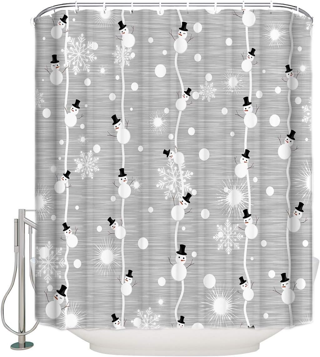 GOOESINGMerry Christmas Shower Curtain, Snowman and Snowflake on Grey Background Digital Print, Fabric Bathroom Decor with Hooks, 180x180
