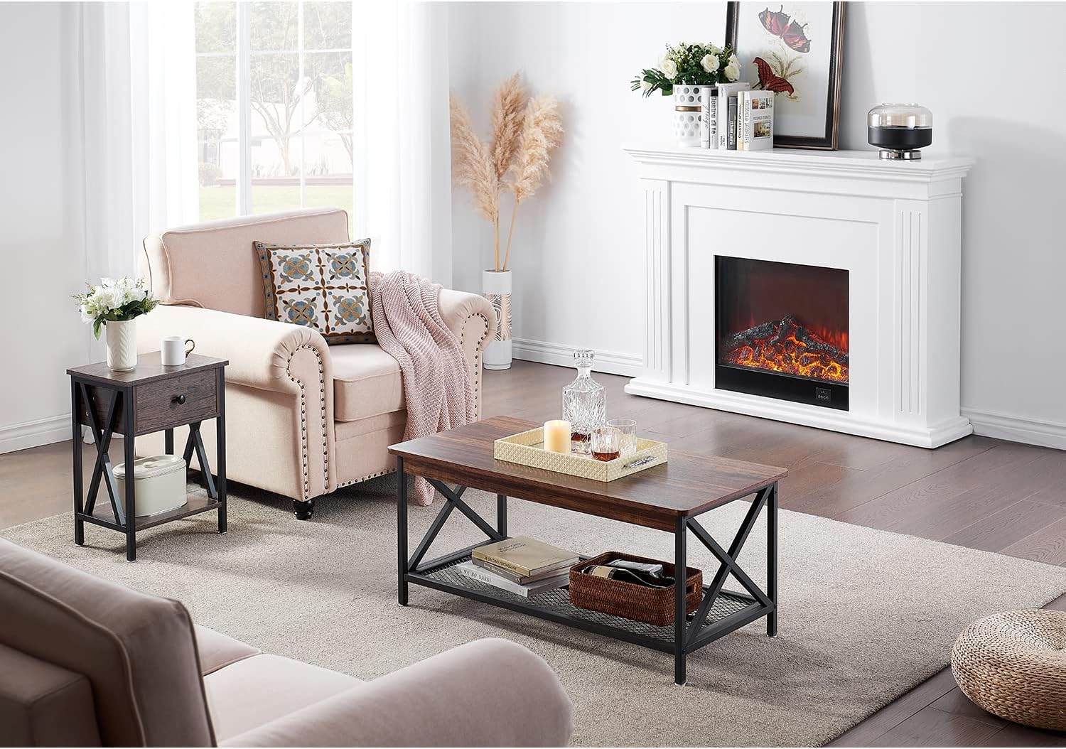 VECELO End Tables, Modern Nightstand with Drawer & Shelf, Night Stand for Bedroom Living Room,Industrial Metal Frame