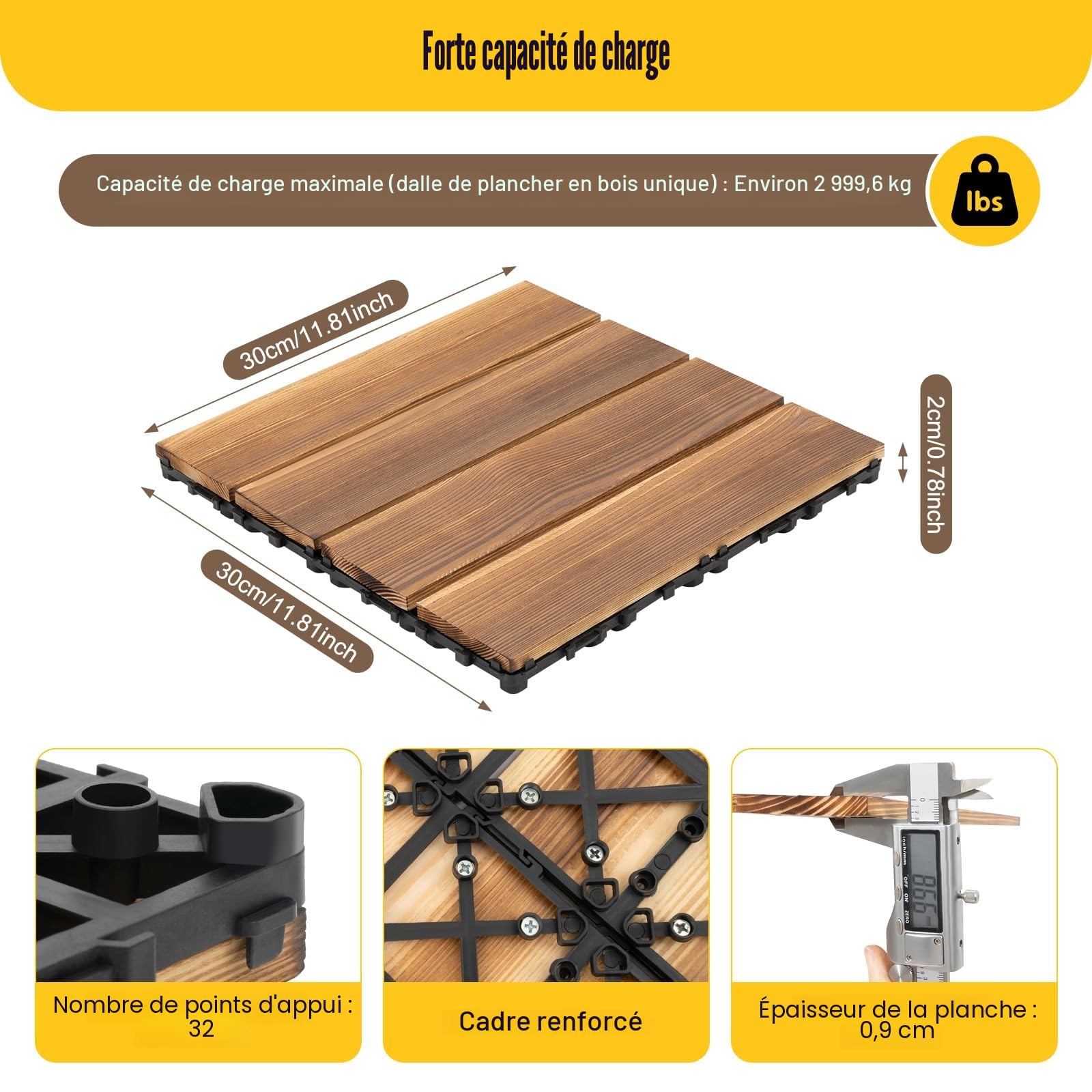Dalle Terrasse Exterieur, 36x(30,3x30,3cm) Terrasse Exterieur, Dalle Clipsable Exterieur, Bois Massif de Mélèze Carbonisé, Antidérapant, Revetement de Sol pour Balcon, Jardin, Piscine