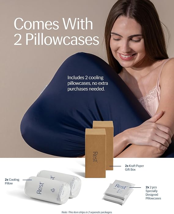 REST Evercool Cooling Pillow, Set of 2, Instant Cool-to-Touch Shell Fabric & Breathable Silicone Sponge Core for All-Night Temperature Regulation & Ergonomic Support, Low Height, Midnight Blue